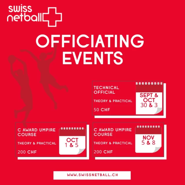 As the new season kicks off, maybe you’re thinking of how to get more involved or support your club? 🤔 

We have various officiating events and courses ahead!

🌟 Find out more and sign up via Swissnetball.ch/events 🌟 

Please reach out if you have any questions!