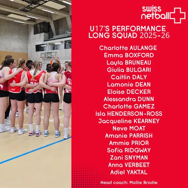 🌟 Congratulations to all the athletes who have been selected into the 2025-26 U17’s National Squad Programmes!! 🌟 

We look forward to seeing you all develop and grow as a team over the coming season. 

Thank you to Centre sportif du Bois-des-Frères in Genève for hosting our trials. 🙌 

👏 Thank you also to all the athletes who trialed and to all the clubs and schools that supported the trial process.

As a self-funded squad, our athletes deeply appreciate every donation and sponsorship that supports their journey. Swiss Netball welcomes and values the contributions of sponsors and donors, whose generosity will help grow and sustain our National Squads Programmes.

💪 Join us in growing the future of Swiss Netball - 100% of your support goes directly to our athletes and National Squads Programmes.

To donate or for more information, please contact: nationalsquads@swissnetball.ch