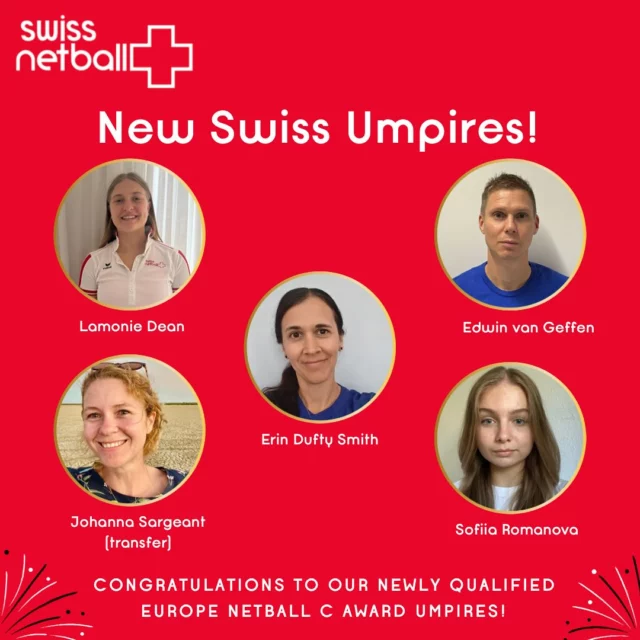 🎉 A huge congratulations to Edwin, Erin, Johanna, Lamonie & Sofiiaa on receiving their Europe Netball C Award umpire qualification! This is a great achievement!🌟

If you too, wish to know more about the umpire pathway, it’s available at swissnetball.ch/officiating/
Alternatively, please reach out!