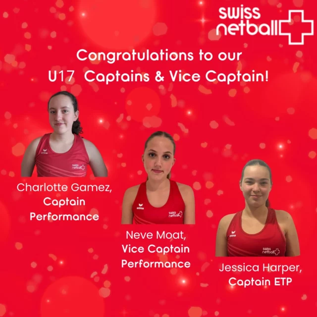 And here they are!! 
🇨🇭 U17 Captains and Vice Captain🇨🇭 

Charlotte Gamez - Captain, Performance. 
Neve Moat - Vice Captain, Performance. 
Jessica Harper- Captain, ETP. 

👏 A huge congratulations to them each on this amazing achievement. 👏