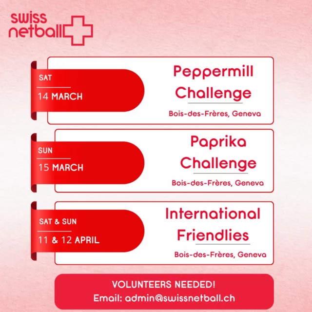 🌟 Exciting months and events ahead! 🌟 

The inaugural Paprika tournament, legendary Peppermill tournament and more international friendlies!! 👏 

None of this happens without our amazing volunteers.

If you can spare some time on any of the event days, we’d love to hear from you, reach out to admin@swissnetball.ch and we’ll find a role that fits. 

Let’s make it happen together! 🤝
