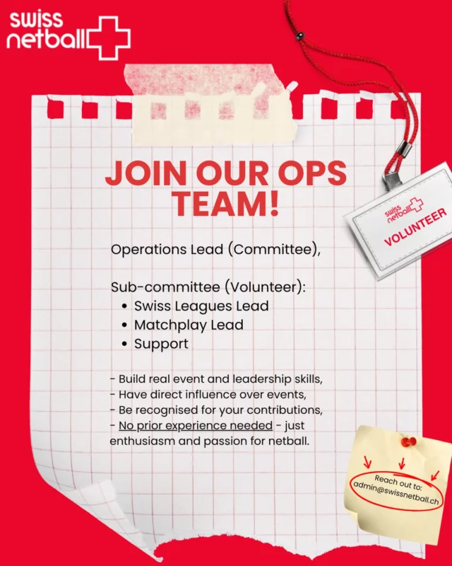 🌟 JOIN OUR OPS TEAM! 🌟 

We’re looking for enthusiastic volunteers who are passionate about netball to step into these key roles:

Operations Lead (Committee Role)
Ready to take the lead? As Ops Lead, you’ll help steer strategy, streamline operations and support the team in delivering impactful results. This is a great opportunity to build leadership experience, shape direction and make a real difference.

Sub-Committee Roles
Want to get involved and contribute? Join our sub-committee:
- Swiss National Leagues Lead
- Matchplay Lead
- Support role 

No prior experience needed - These opportunities are perfect for gaining experience, working collaboratively and being part of a successful team.