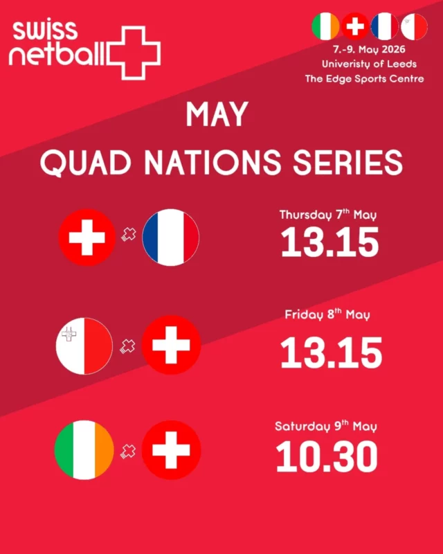 Our Swiss Lynx are ready to take on some incredible competition in Leeds from TODAY! Cheer our girls on from near or far as they take on @netballireland @netballfrance @maltanetball in the Quad Nations Series 🇨🇭🏐✨️