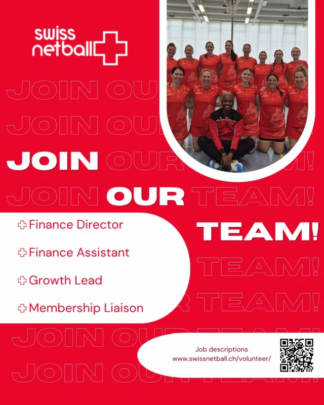 JOIN OUR TEAM! Vacant positions include Finance Director, Finance Assistant, Growth Lead, and Membership Liaison. Want to be part of our dynamic community? Check out the job descriptions and apply at www.swissnetball.ch/volunteer/ 🏐✨ 

#SwissNetball #JoinOurTeam #NetballJobs