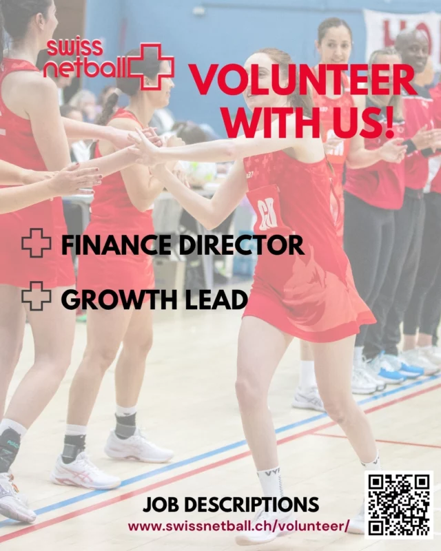 Swiss Netball is growing. We need two people do help us do it right. 

We're looking for volunteers to join our committee:

Finance Director
Keep our numbers sharp and our decisions smart. Ideal for someone who loves spreadsheets as much as sport. 

Growth Lead
Help drive our expansion across Switzerland. 

Information is available on our Volunteers page on swissnetball.ch

Link in bio.