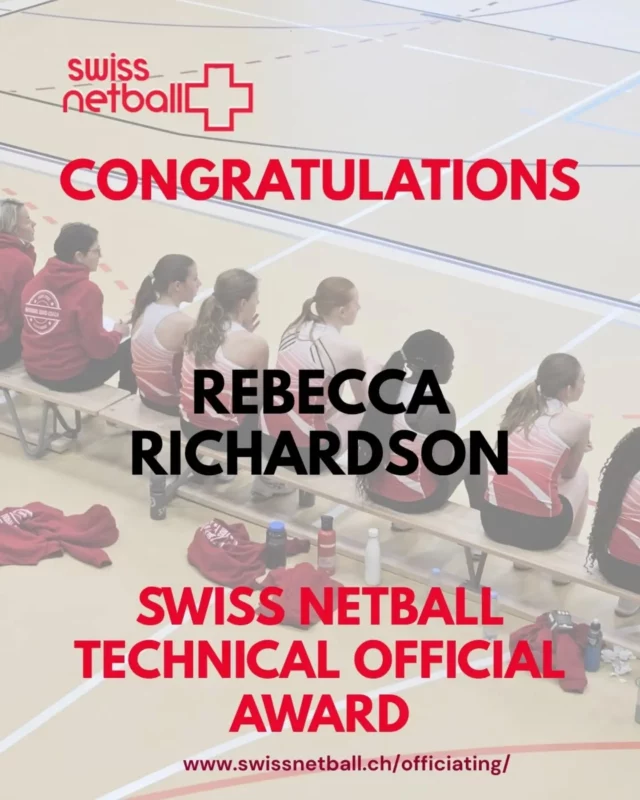 Congratulations to Rebecca Richardson on achieving the Swiss Netball Technical Official Award!

Swiss Netball introduced a Technical Official Pathway in September 2025 and Rebecca is the first to have met all requirements and completed all practical experience to achieve the Award.

Rebecca joins a small group of qualified Technical Officials in-country who qualified through different pathways since 2016.

We hope that Rebecca's accomplishment has inspired many others to take up Technical Officiating, to strengthen our Technical Officials pool in Switzerland and contribute to our amazing game.

To find out more about the Technical Official Pathway, visit our website or email officiating@swissnetball.ch