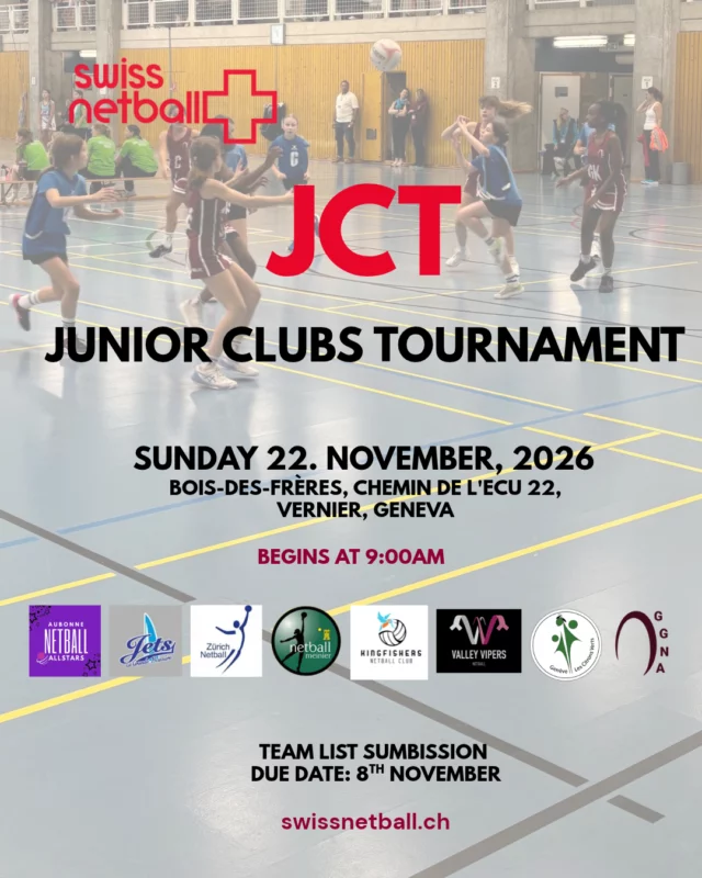 Clubs are locked in for JCT on Sunday November 22nd! We are looking forward to our incredible yearly tournament in only a few short weeks. 

For those clubs involved, don't forget - team list submissions are due by 8th November via the swissnetball.ch portal. 

@aubonnenetball 
LGB Jets
@zurichnetballclub 
@meiniernetball 
@kingfishers.netball 
@valleyvipersnetball 
@lescitronsvertsnetballclub 
@genevagirlsnetball